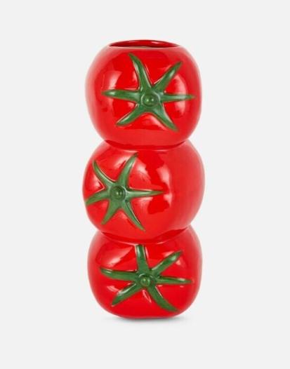 Vase shaped like three tomatoes stacked on top of each other