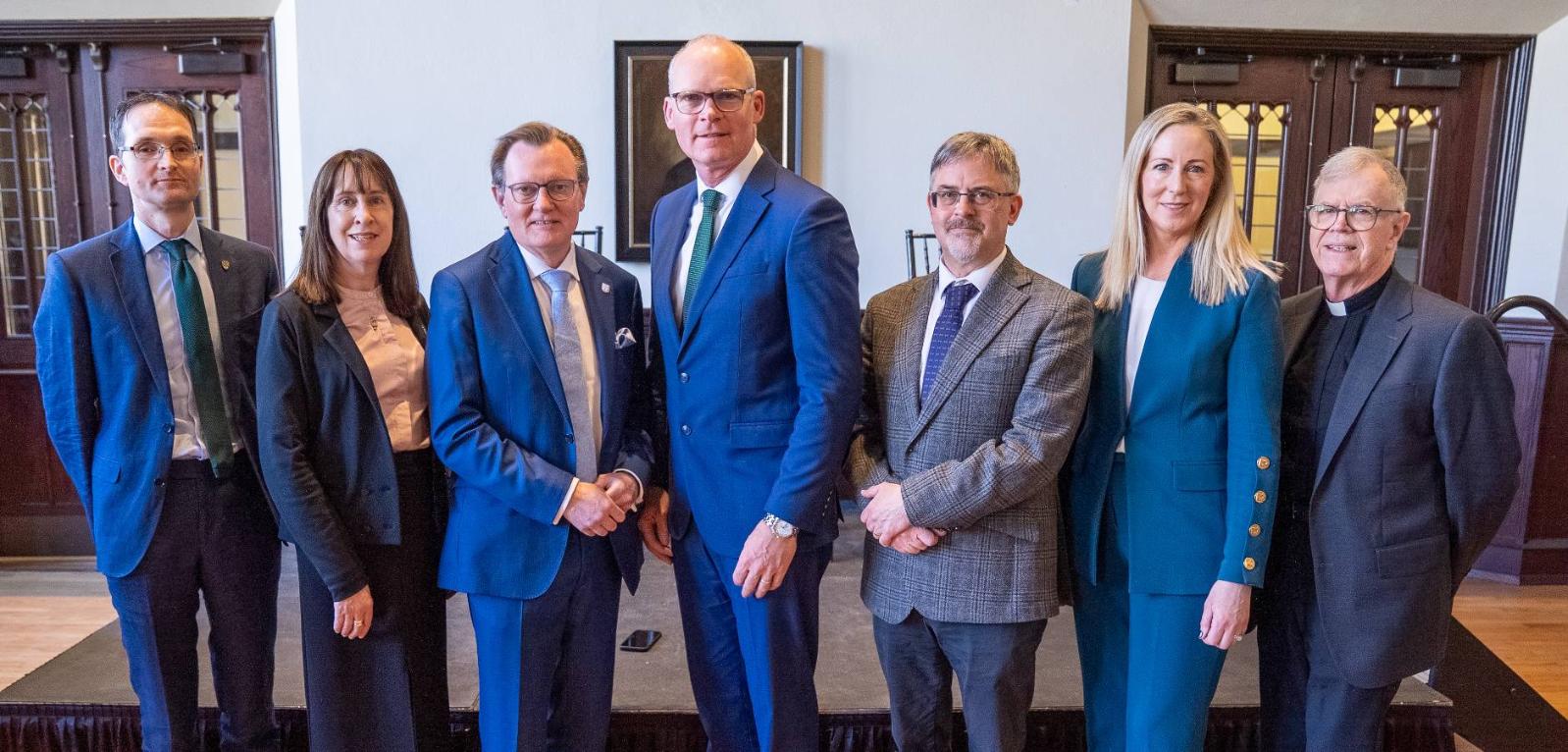 Dr Peter McLoughlin, Queen’s University Belfast, Vice President Dr Helen Maher, University of Galway, Vice Chancellor Professor Sir Ian Greer, Queen’s University Belfast, Simon Coveney, Former Irish Minister for Foreign Affairs, Prof Niall Ó Dochartaigh, University of Galway, Prof Mary C Murphy, Director of the Irish Institute, Boston College and James Keenan SJ, Provost for Global Engagement, Bos