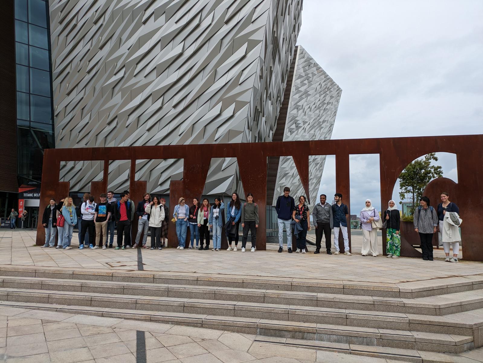 SRP students pose against Titanic sign at Titanic Belfast