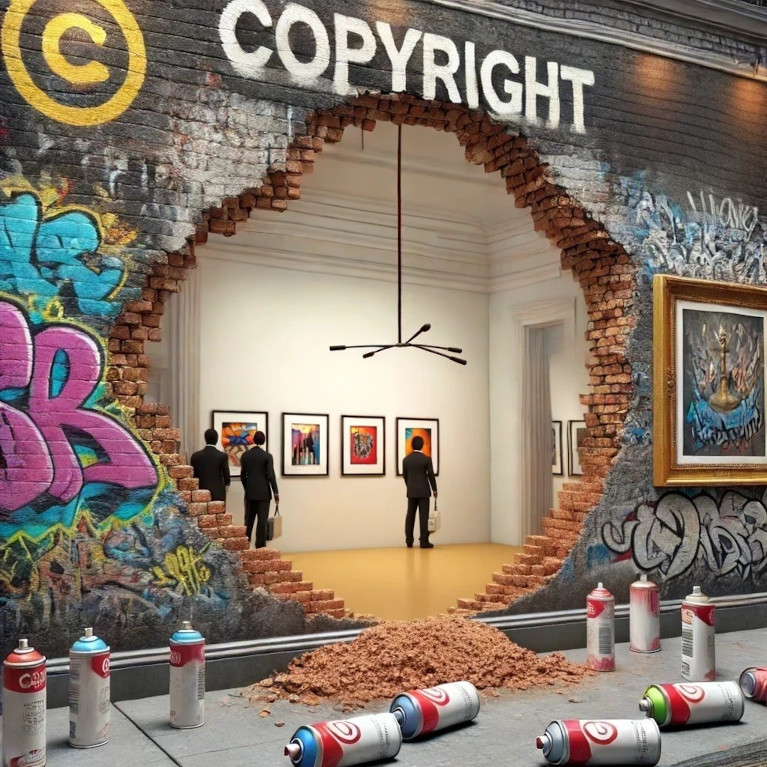 AI image of an art gallery that has had the side removed so you can peer in - the outer wall that has been broken has grafitti on it and a copyright sign above the 