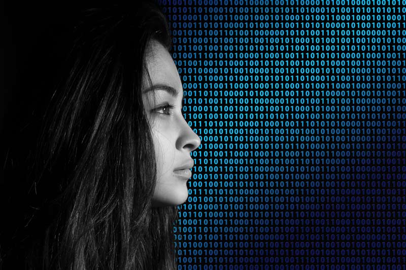Girls Face Superimposed Over Binary Data Visualisation