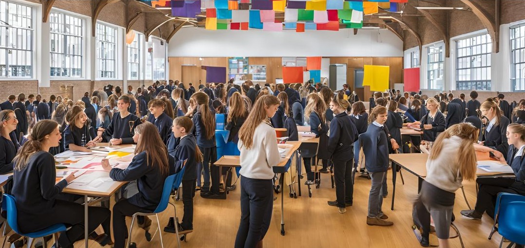 students in a hall, standing or sitting at desks and carrying out various activities