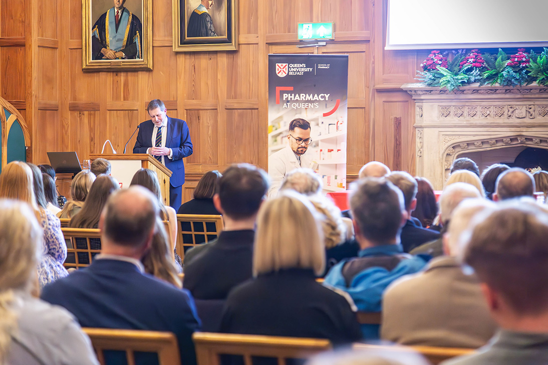 A photo of Professor Mike Mawhinney addressing the audience at the 2024 School of Pharmacy Awards