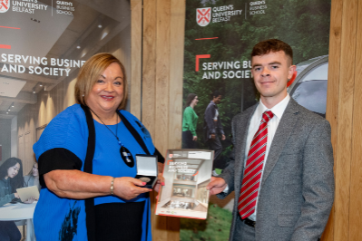 Thomas McMorrow, Winner of The McKane Medal, Best Final Honours Student in Economics, Presented by  Mrs Sandra Bloomer, Head of Admissions