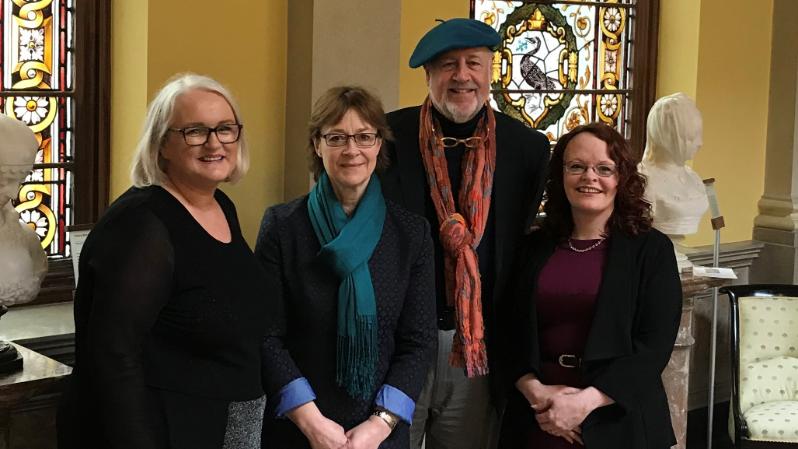 Science Shop staff Eileen Martin and Emma McKenna from QUB and Claire Mulrone from Ulster pictured with Prof Budd Hall, UNESCO Co-Chair for Community Based Research and Social Justice in Higher Educaiton