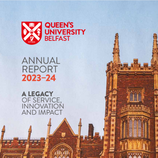 cover detail from Queen's University Belfast Annual Report 2023-24 showing Queen's logo, document title and image of the Lanyon Building