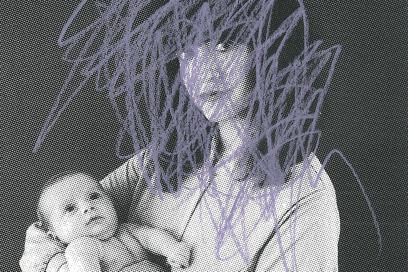 item from artist Sarah Maple's art exhibition 'Call Me Mother', showing her holding her baby