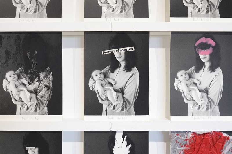 photographic exhibit made up of several thumbnail photos, artistically altered, of the artist Sarah Maple holding her baby - from the exhibition 'Call Me Mother'