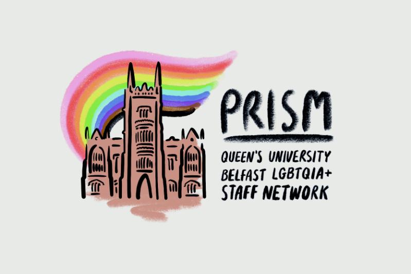 illustration/graphic of Queen's Lanyon Building tower with rainbow behind, alongside text 'PRISM / Queen's University Belfast LGBTQIA+ Staff Network'