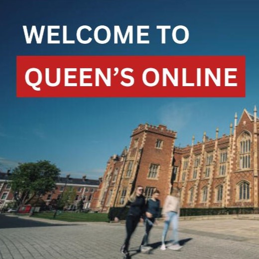 Lanyon Building with people walking in front, overlaid with the text 'Welcome to Queen's Online'
