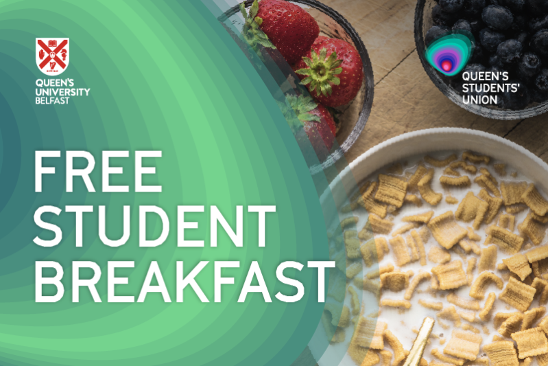 promotional graphic for Free Student Breakfasts, Queen's Students' Union, showing a table laid with bowls of cereal and fruit